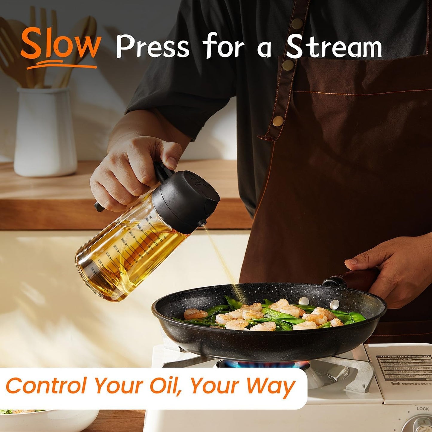 16oz Glass Olive Oil Sprayer & Dispenser – 2-in-1 Bottle for Cooking, Air Fryer, BBQ & Salad (Black)