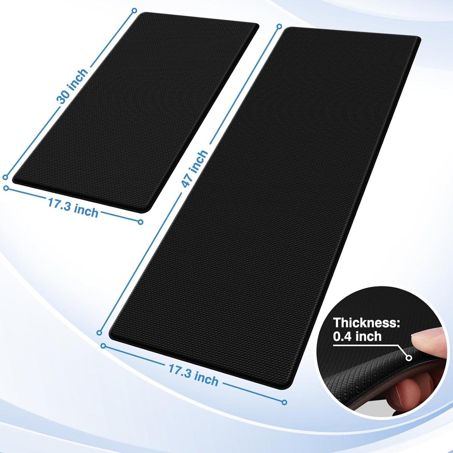Kitchen Mat Set of 2 – Anti-Fatigue Cushioned Rugs, Non-Slip Waterproof Mats for Kitchen, Office & Standing Desk, 17.3"x30" + 17.3"x47", Black