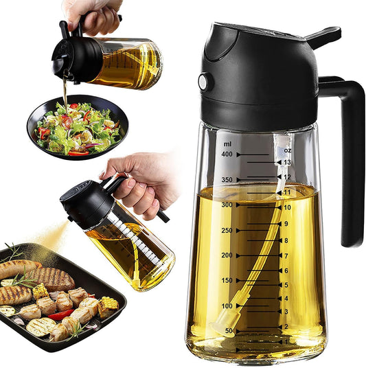 16oz Glass Olive Oil Sprayer & Dispenser – 2-in-1 Bottle for Cooking, Air Fryer, BBQ & Salad (Black)