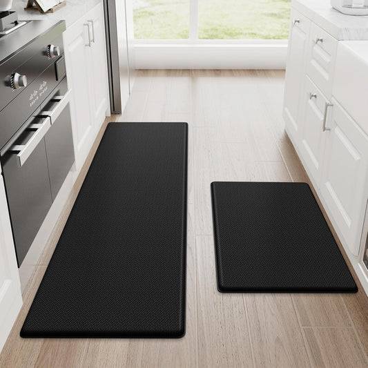 Kitchen Mat Set of 2 – Anti-Fatigue Cushioned Rugs, Non-Slip Waterproof Mats for Kitchen, Office & Standing Desk, 17.3"x30" + 17.3"x47", Black